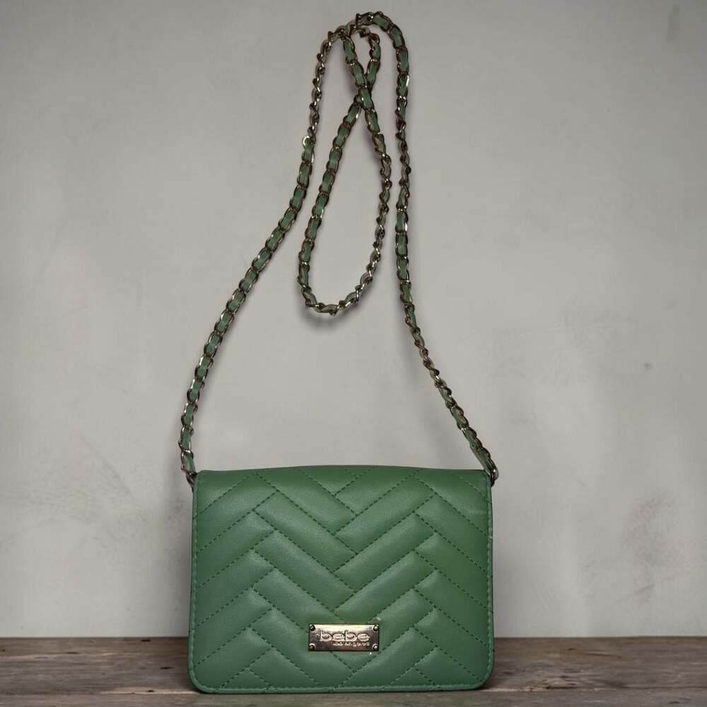 Bebe Green Quilted Chevron Crossbody Wallet on Chain Bag